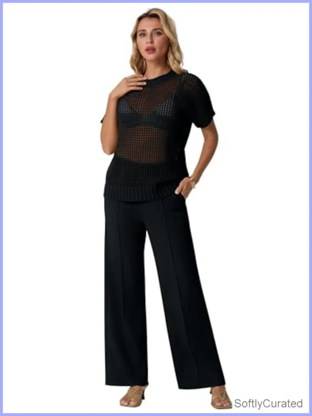 Crochet Sheer Knit Sweater Top & Wide Leg Pants Lounge Travel 2 Piece Set